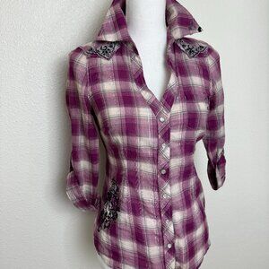 Y2K Guess Embroidered design Plaid Snap down  Western shirt  Fitted Sz XS